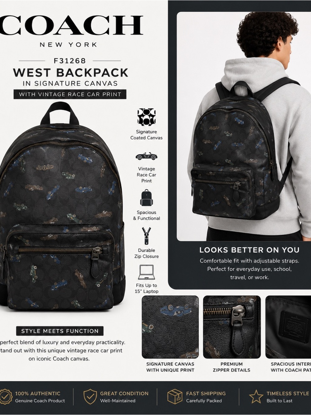 Coach F31268 West Backpack in Signature Canvas with Vintage Race Car Print QB/M2